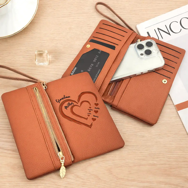 Gift For Grandma,Gift For Mother,Love,America 250th,Independence Day - Grandma Mom Sweethearts Faux Debossed - Personalized Tri-Fold PU Leather Wristlet Wallet