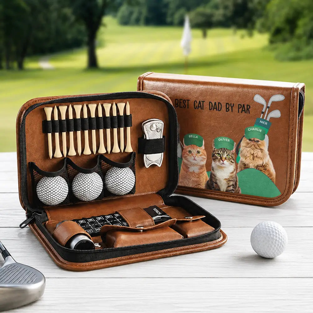 Gift For Men,Golf,Pet Lovers,Dog Lovers,Dog Dad,Cat Lovers,Cat Dad,Custom Photo,Dad's Hobby,Non-Eng,Photo,Icon,Playful - Custom Photo Best Dog Cat Dad By Par For Pet Lovers, Golf Lovers - Personalized Leather Golf Bag