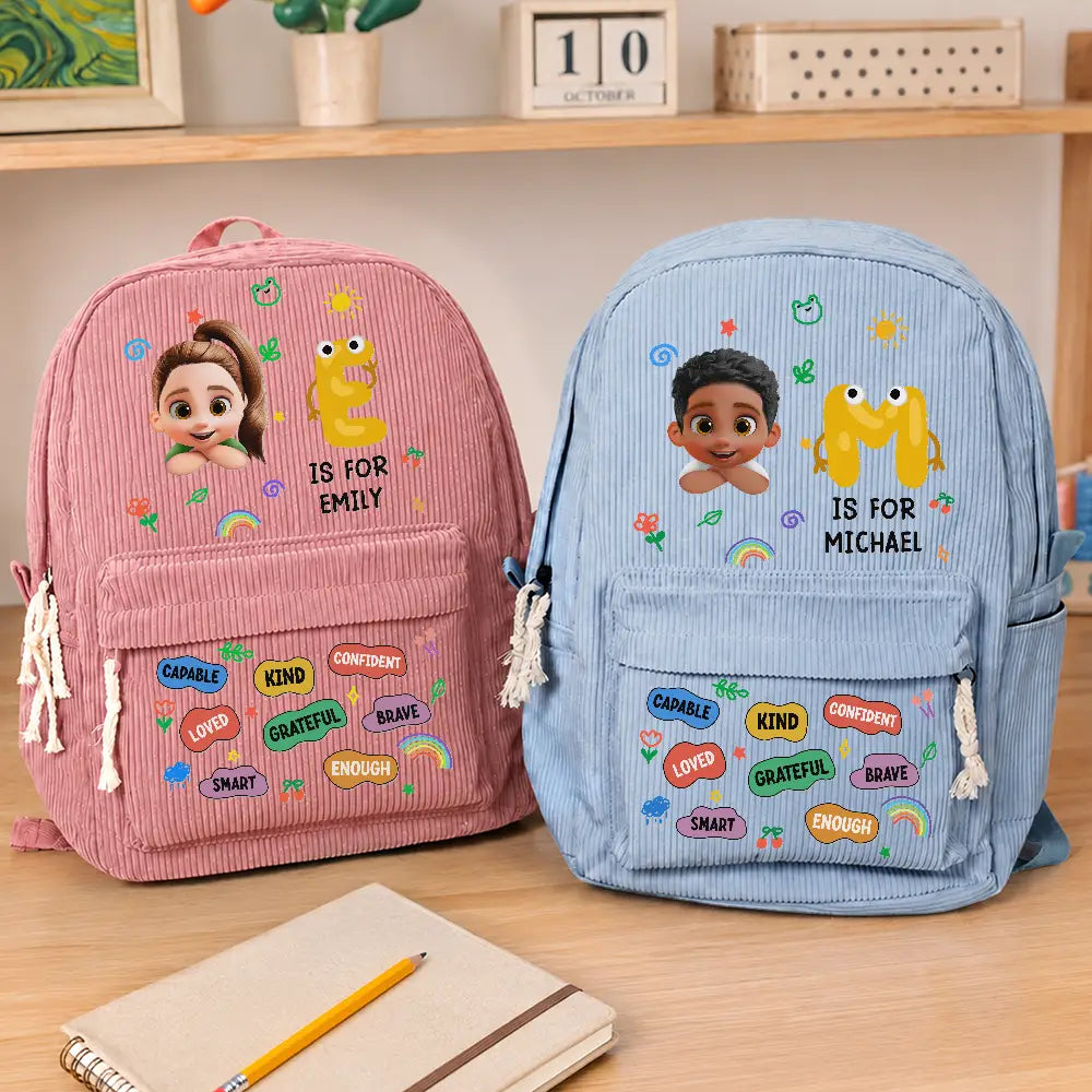 Back To School,Gift For Kids,Adorable,Monogram - Monogram Back To School Kids Kind Capable Affirmations - Personalized Corduroy Backpack