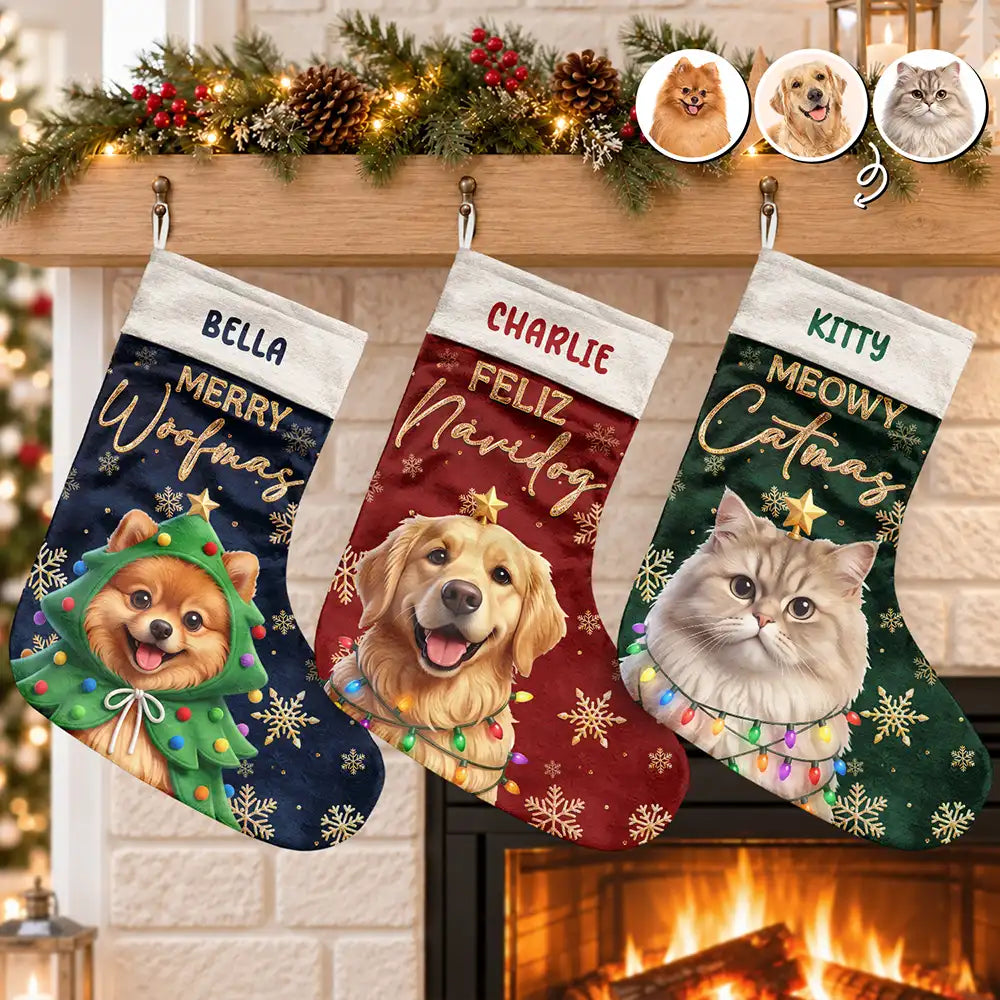 Art Design,Playful,Christmas,Pet Lovers,Photo - Christmas Accessories 3D Cartoon Pet - Custom Photo 3D Christmas Themed Pet Feliz Navidog Merry Woofmas - Personalized Christmas Stocking