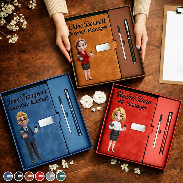 Gift For Colleagues,Christmas,Vector,Happy - Office Coworker Gift Exchange Name & Title - Personalized Leather Notebook Set