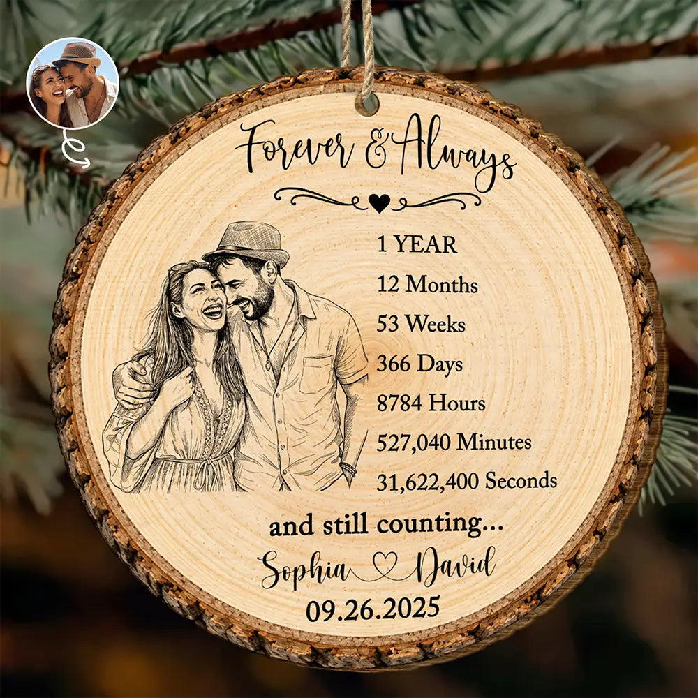 Anniversary,Art Design,Christmas,Custom Photo,Gift For Couples,Old Couples,Photo - Pencil Sketch - Bold,Romantic - Anniversary Couple Gift - Personalized Custom Photo Pencil Sketch Forever & Always Wooden Ornament