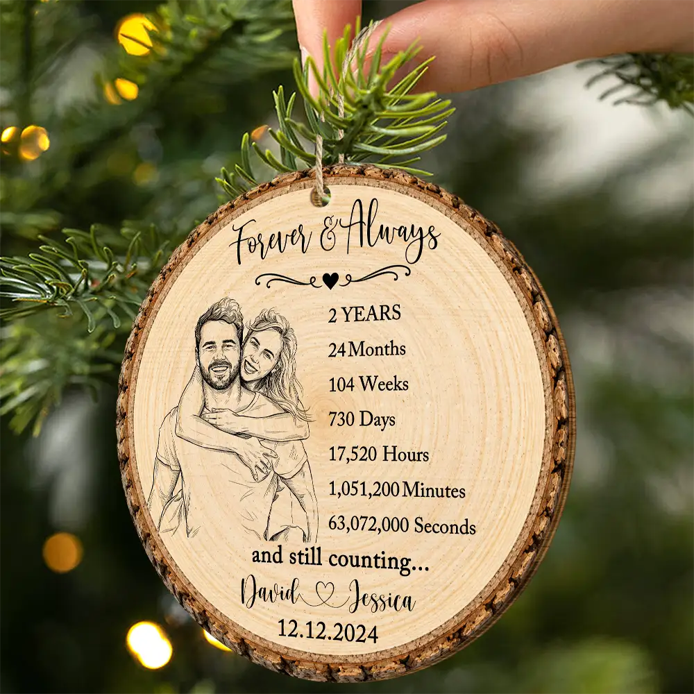 Anniversary,Art Design,Christmas,Custom Photo,Gift For Couples,Old Couples,Photo - Pencil Sketch - Bold,Romantic - Anniversary Couple Gift - Personalized Custom Photo Pencil Sketch Forever & Always Wooden Ornament