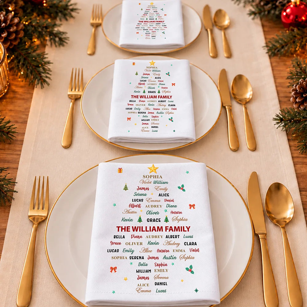 Christmas, Family, Custom Text, Happy - Family Member Name Tree Bell Star Shape Christmas Table Decor - Personalized Reusable Napkin