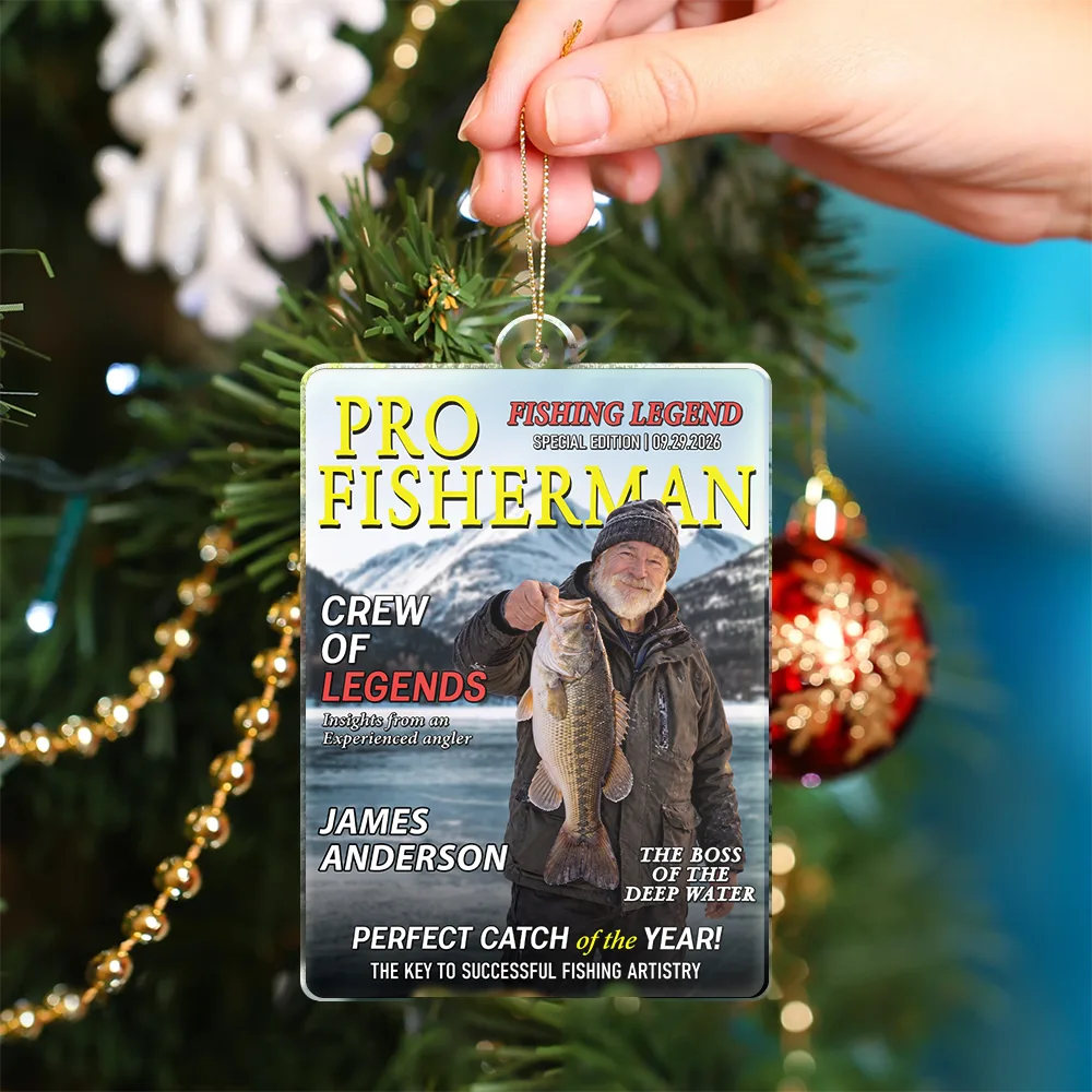 Christmas, Custom Photo, Fishing, Gift For Men, Gift For Yourself, Gifts For Him, Happy, Remove BG Photo - Christmas Gift For Fishing Lovers - Personalized Custom Photo Fisherman Of The Year Magazine Acrylic Ornament