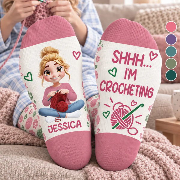 Christmas,Cozy,Crocheting,Gift For Women,Gift For Yourself,Gifts For Her,Top Market,Vector - Birthday Gift For Crocheter Knitter Mom Grandma Yourself - Personalized Name & Character Just One More Row Socks