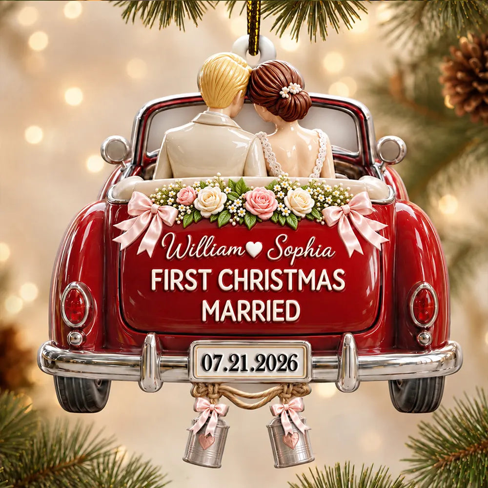 Christmas,First Christmas,Gift For Couples,Married Couple,Romantic,Vector - First Christmas Gift For Newlyweds - Personalized Mr And Mrs Names Just Married Car Embossed Ornament