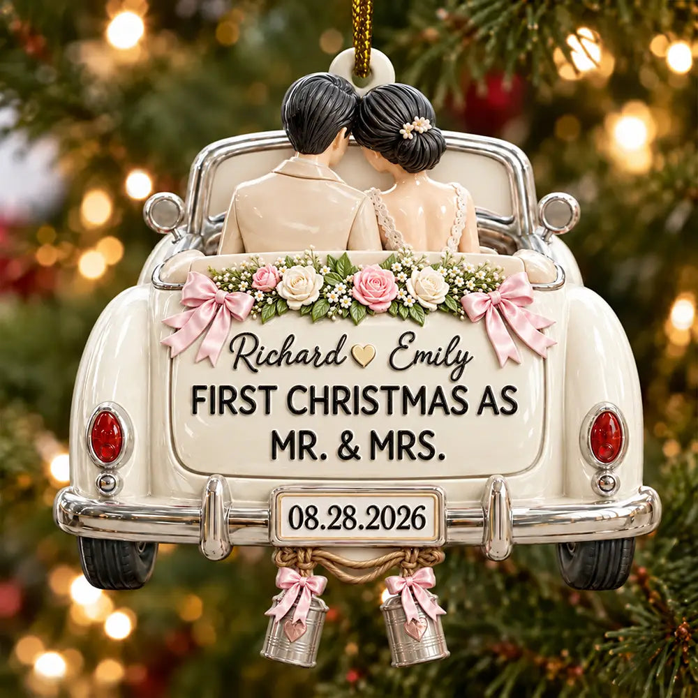 Christmas,First Christmas,Gift For Couples,Married Couple,Romantic,Vector - First Christmas Gift For Newlyweds - Personalized Mr And Mrs Names Just Married Car Embossed Ornament
