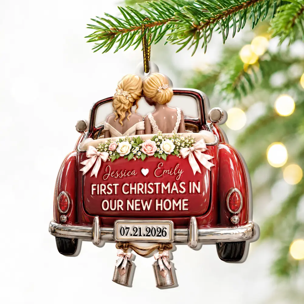 Christmas,First Christmas,Gift For Couples,Married Couple,Romantic,Vector - First Christmas Gift For Newlyweds - Personalized Mr And Mrs Names Just Married Car Embossed Ornament