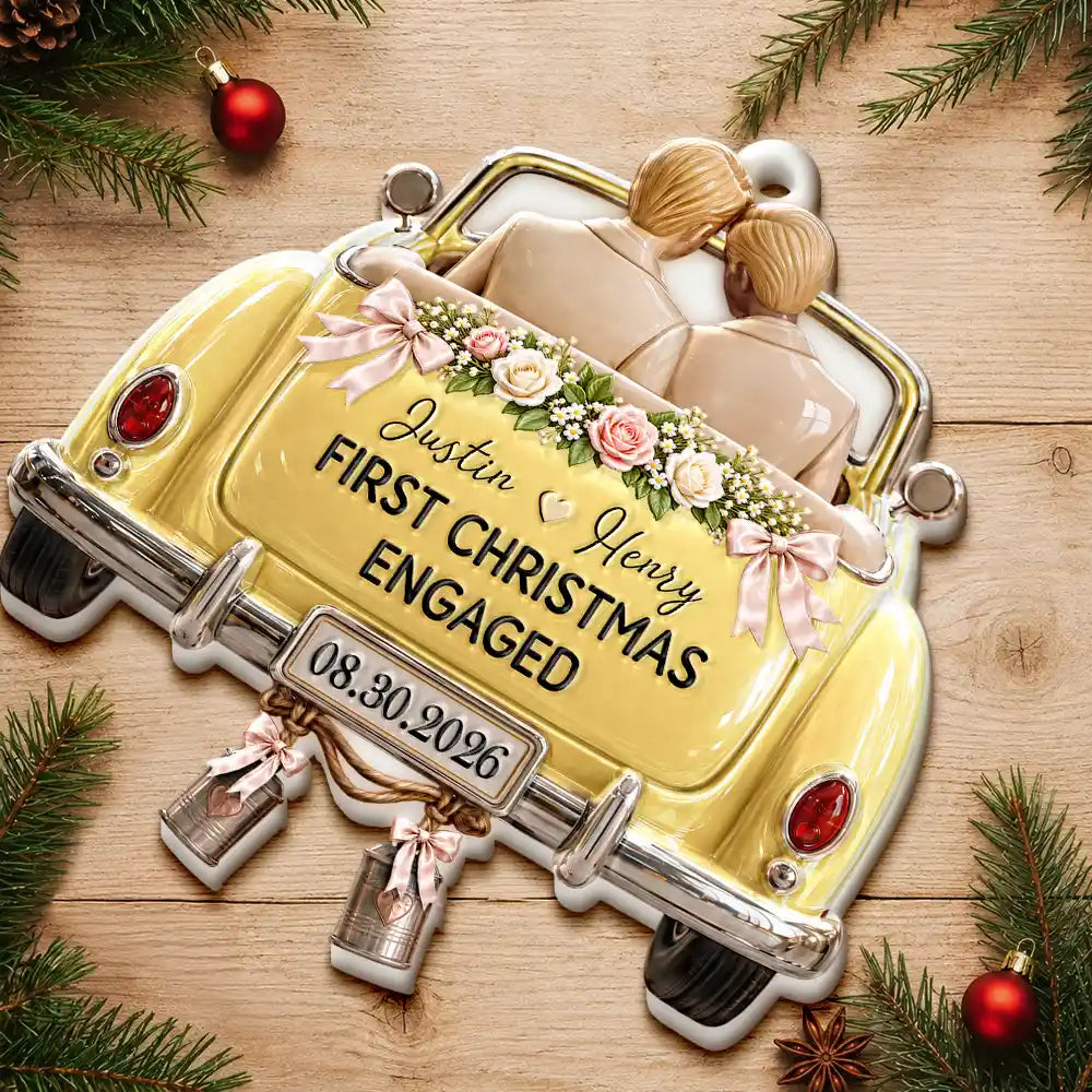 Christmas,First Christmas,Gift For Couples,Married Couple,Romantic,Vector - First Christmas Gift For Newlyweds - Personalized Mr And Mrs Names Just Married Car Embossed Ornament