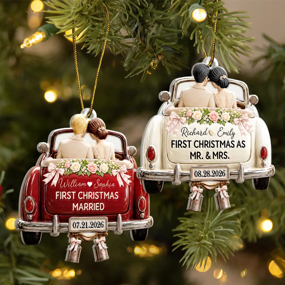 Christmas,First Christmas,Gift For Couples,Married Couple,Romantic,Vector - First Christmas Gift For Newlyweds - Personalized Mr And Mrs Names Just Married Car Embossed Ornament