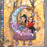 Afro Besties,Christmas,Gift For Bestie,Playful,Vector - Best Friend Keepsake - Personalized Besties Forever Sitting On Moon Window Hanging Suncatcher Ornament