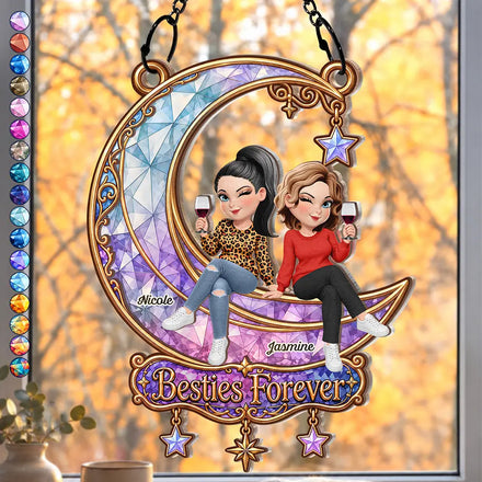 Best Friend Keepsake - Personalized Besties Forever Sitting On Moon Window Hanging Suncatcher Ornament