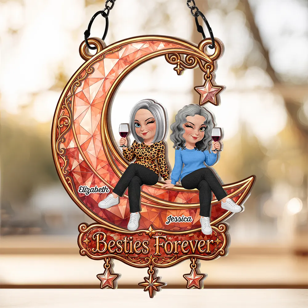 Afro Besties,Christmas,Gift For Bestie,Playful,Vector - Best Friend Keepsake - Personalized Besties Forever Sitting On Moon Window Hanging Suncatcher Ornament