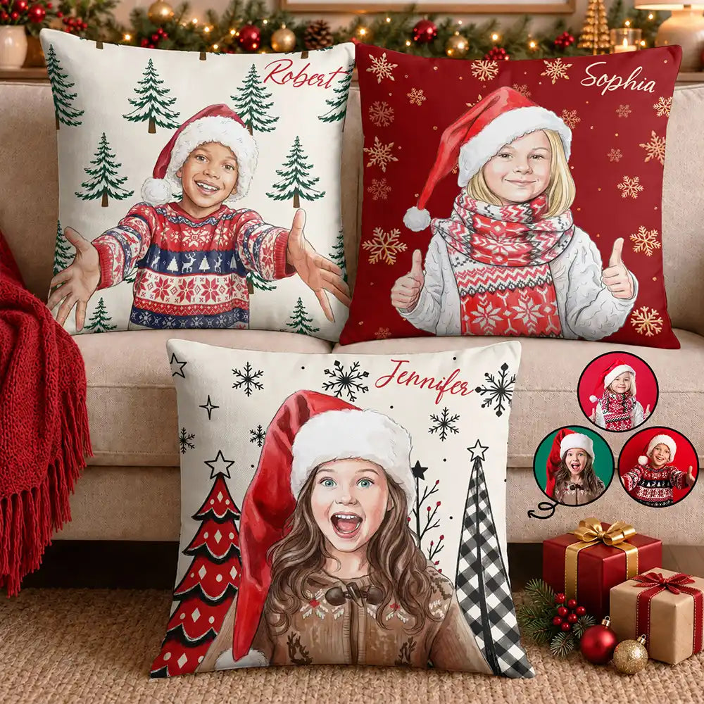 Christmas Gift For Kids - Personalized Custom Photo Watercolor Keepsake Pillow