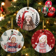 Art Design,Christmas,Custom Photo,Gift For Grandma,Gifts For Her,Happy,Photo - Vivid Watercolor Art - Christmas Gift For Kids - Personalized Custom Photo Watercolor Keepsake Circle Ceramic Ornament