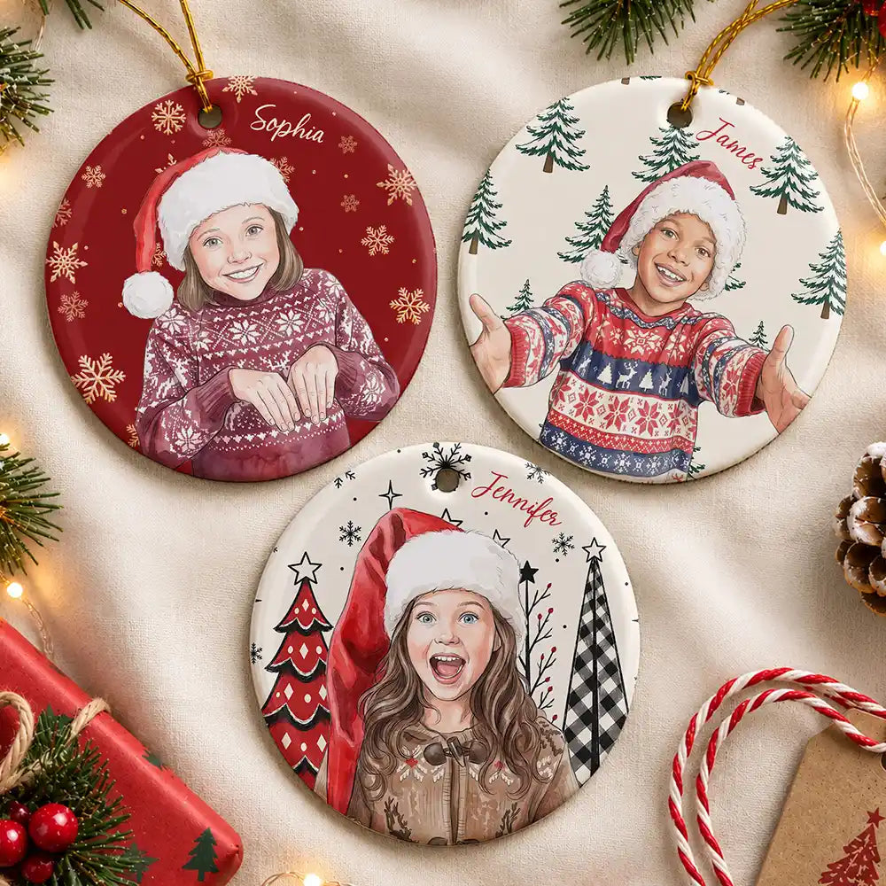 Art Design,Christmas,Custom Photo,Gift For Grandma,Gifts For Her,Happy,Photo - Vivid Watercolor Art - Christmas Gift For Kids - Personalized Custom Photo Watercolor Keepsake Circle Ceramic Ornament
