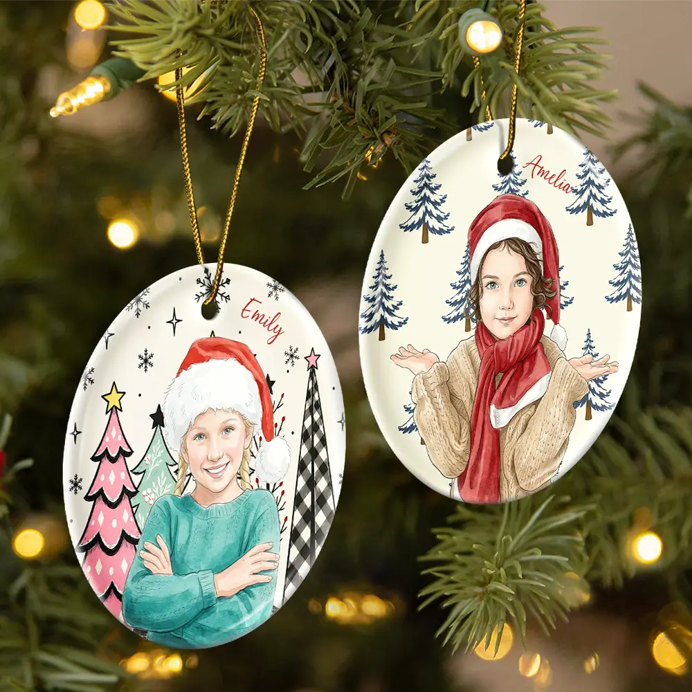 Art Design,Christmas,Custom Photo,Gift For Grandma,Gifts For Her,Happy,Photo - Vivid Watercolor Art - Christmas Gift For Kids - Personalized Custom Photo Watercolor Keepsake Circle Ceramic Ornament