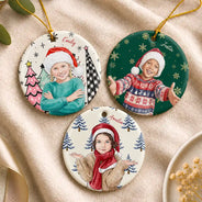 Art Design,Christmas,Custom Photo,Gift For Grandma,Gifts For Her,Happy,Photo - Vivid Watercolor Art - Christmas Gift For Kids - Personalized Custom Photo Watercolor Keepsake Circle Ceramic Ornament