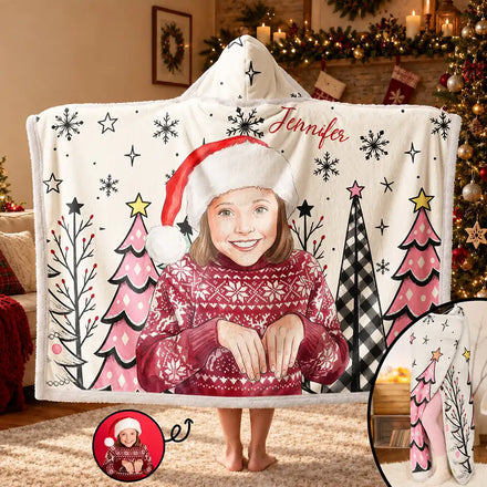 Christmas Gift For Kids - Personalized Custom Photo Watercolor Cute Boy Girl Wearable Hooded Blanket