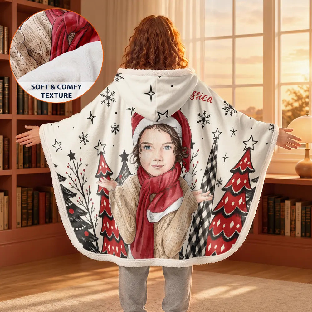Art Design,Christmas,Custom Photo,Gift For Grandchildren,Gift For Grandkids,Gift For Grandma,Grandma - Grandkids,Happy,Photo - Vivid Watercolor Art - Christmas Gift For Kids - Personalized Custom Photo Watercolor Cute Boy Girl Wearable Hooded Blanket