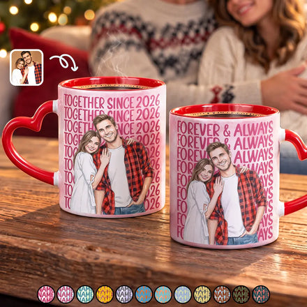 Anniversary Gift For Couple - Personalized Custom Photo Watercolor Together Since Heart Handle Accent Mug
