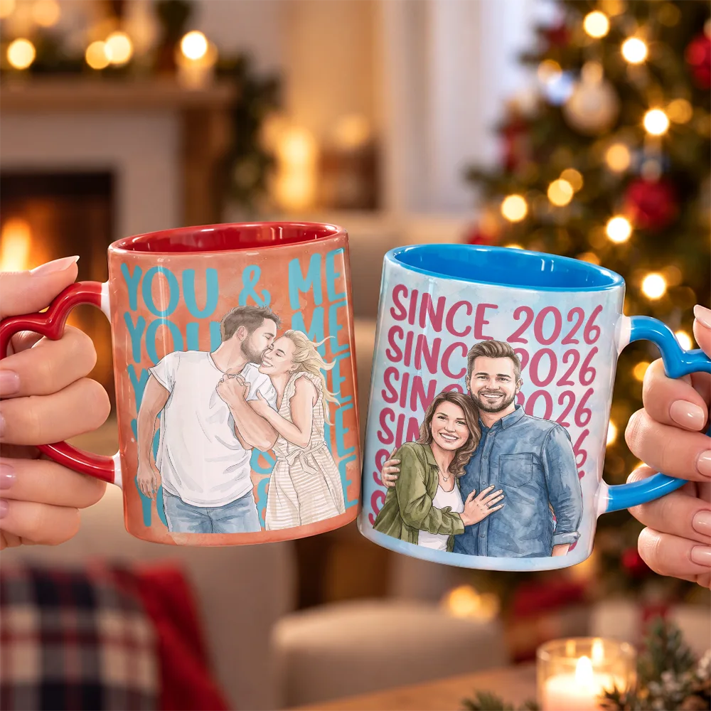 Anniversary,Art Design,Christmas,Custom Photo,Gift For Couples,Old Couples,Photo - Vivid Watercolor Art,Romantic - Anniversary Gift For Couple - Personalized Custom Photo Watercolor Together Since Heart Handle Accent Mug