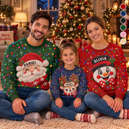 Christmas,Family,Icon,Playful - Christmas Gift For Family Couples - Personalized Character Faux Chenille Effect Santa Snowman Reindeer Unisex Ugly Sweater