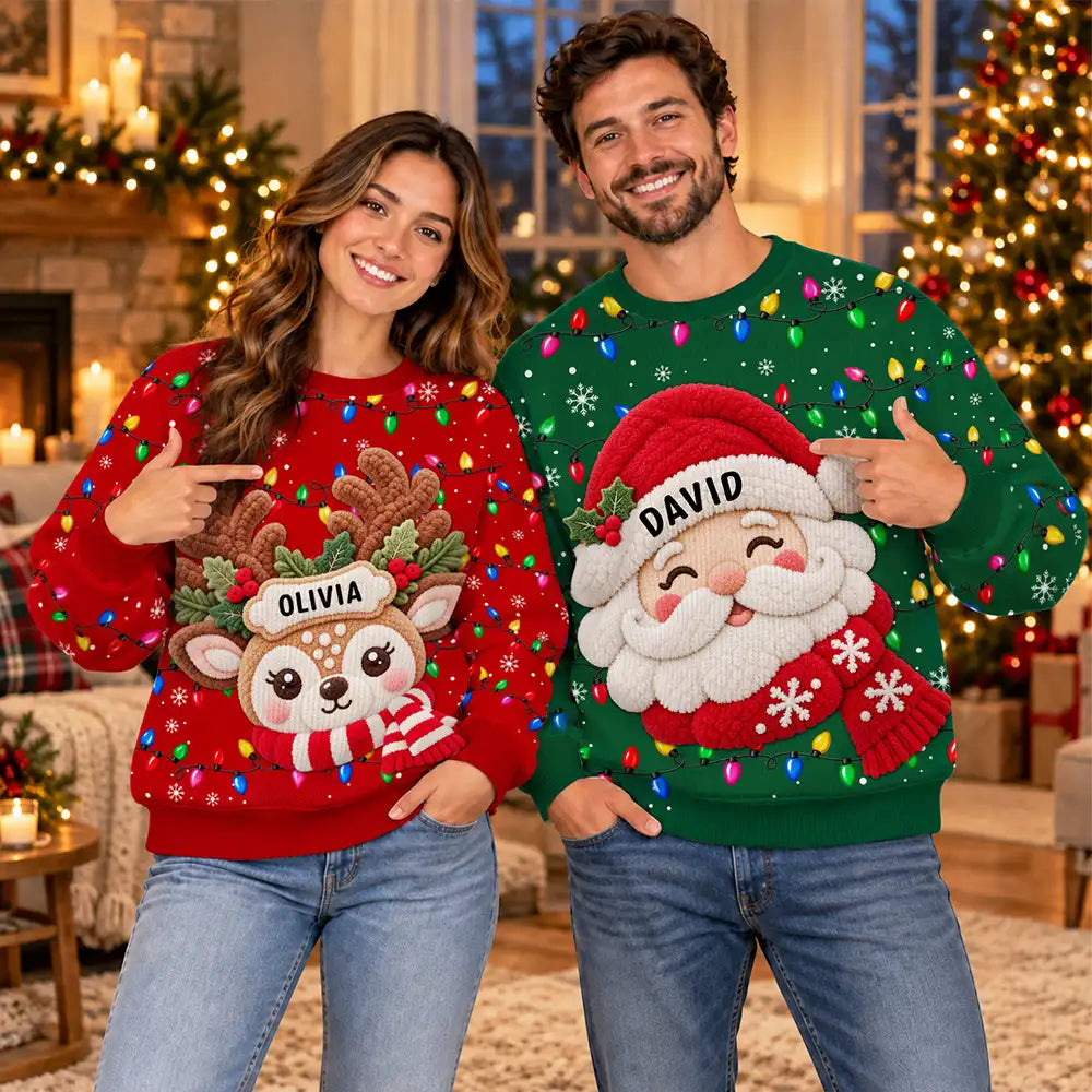 Christmas,Family,Icon,Playful - Christmas Gift For Family Couples - Personalized Character Faux Chenille Effect Santa Snowman Reindeer Unisex Ugly Sweater