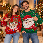 Christmas,Family,Icon,Playful - Christmas Gift For Family Couples - Personalized Character Faux Chenille Effect Santa Snowman Reindeer Unisex Ugly Sweater