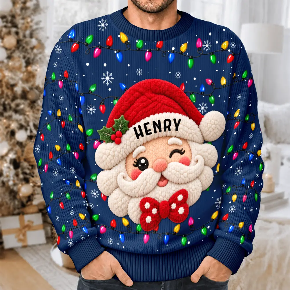 Christmas,Family,Icon,Playful - Christmas Gift For Family Couples - Personalized Character Faux Chenille Effect Santa Snowman Reindeer Unisex Ugly Sweater