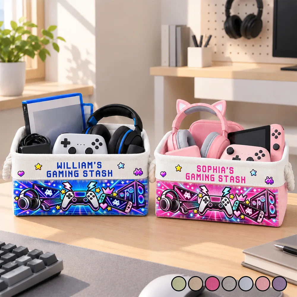 Gift For Gaming Lovers Son Teen Boy - Personalized Name Neon Gaming Basket Storage Basket