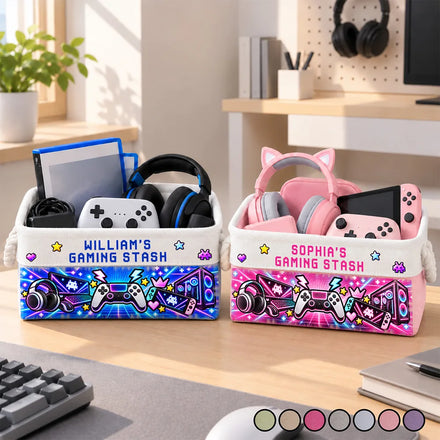 Gift For Gaming Lovers Son Teen Boy - Personalized Name Neon Gaming Basket Storage Basket