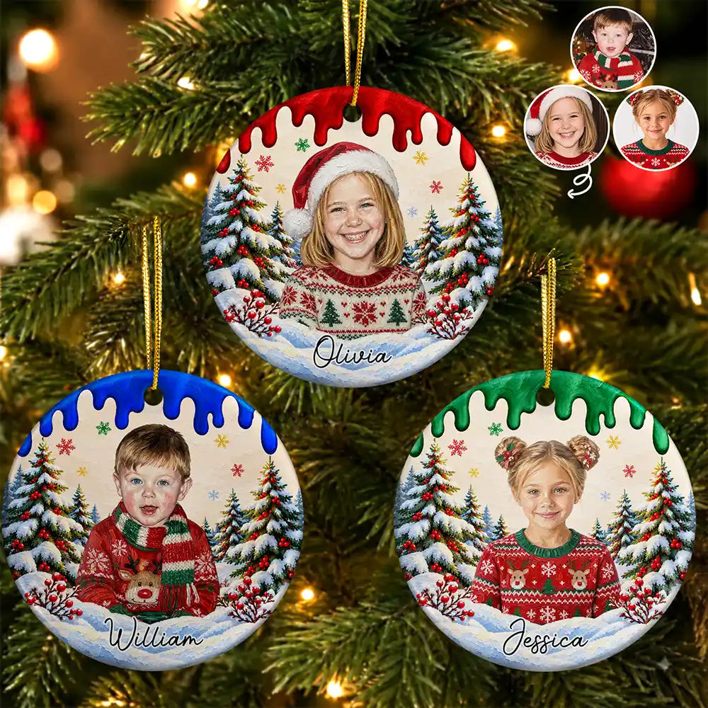 Art Design,Christmas,Custom Photo,Gift For Kids,Photo - Oil Painting,Playful,Top Market - Christmas Gift For Kids Family - Personalized Custom Photo & Name Kid Portrait In Snowy Forest With Paint Drip Circle Ceramic Ornament