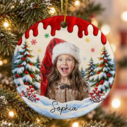 Art Design,Christmas,Custom Photo,Gift For Kids,Photo - Oil Painting,Playful,Top Market - Christmas Gift For Kids Family - Personalized Custom Photo & Name Kid Portrait In Snowy Forest With Paint Drip Circle Ceramic Ornament