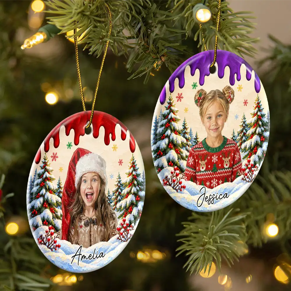 Art Design,Christmas,Custom Photo,Gift For Kids,Photo - Oil Painting,Playful,Top Market - Christmas Gift For Kids Family - Personalized Custom Photo & Name Kid Portrait In Snowy Forest With Paint Drip Circle Ceramic Ornament