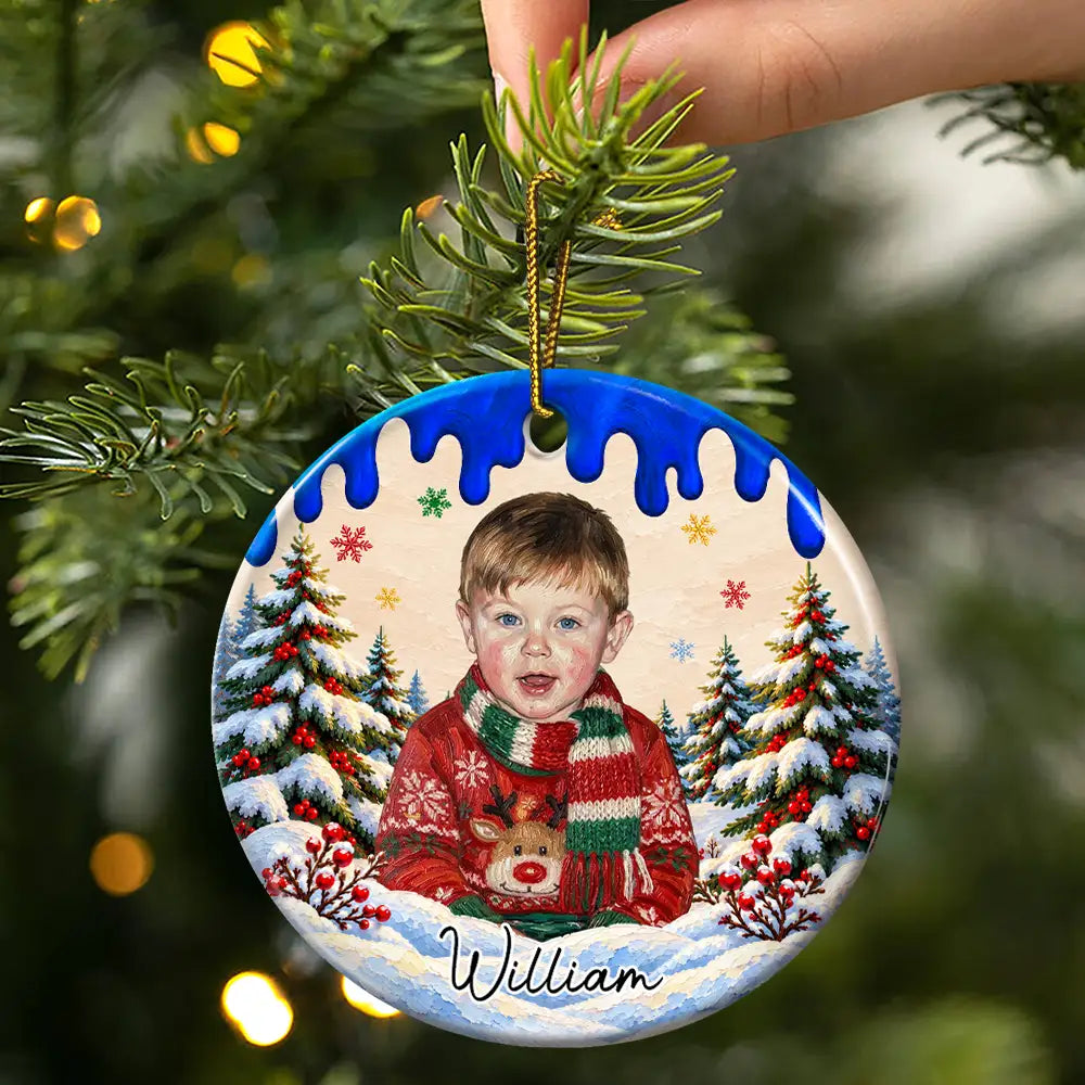 Art Design,Christmas,Custom Photo,Gift For Kids,Photo - Oil Painting,Playful,Top Market - Christmas Gift For Kids Family - Personalized Custom Photo & Name Kid Portrait In Snowy Forest With Paint Drip Circle Ceramic Ornament