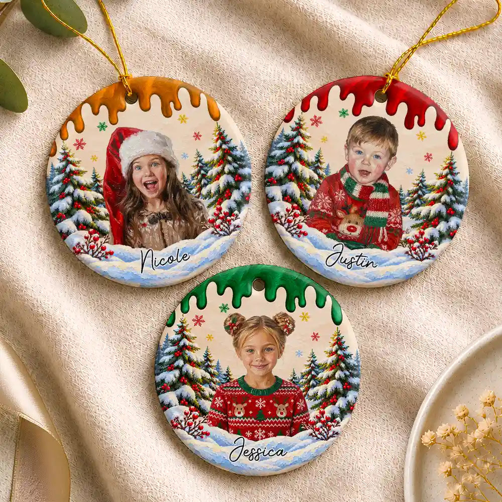 Art Design,Christmas,Custom Photo,Gift For Kids,Photo - Oil Painting,Playful,Top Market - Christmas Gift For Kids Family - Personalized Custom Photo & Name Kid Portrait In Snowy Forest With Paint Drip Circle Ceramic Ornament