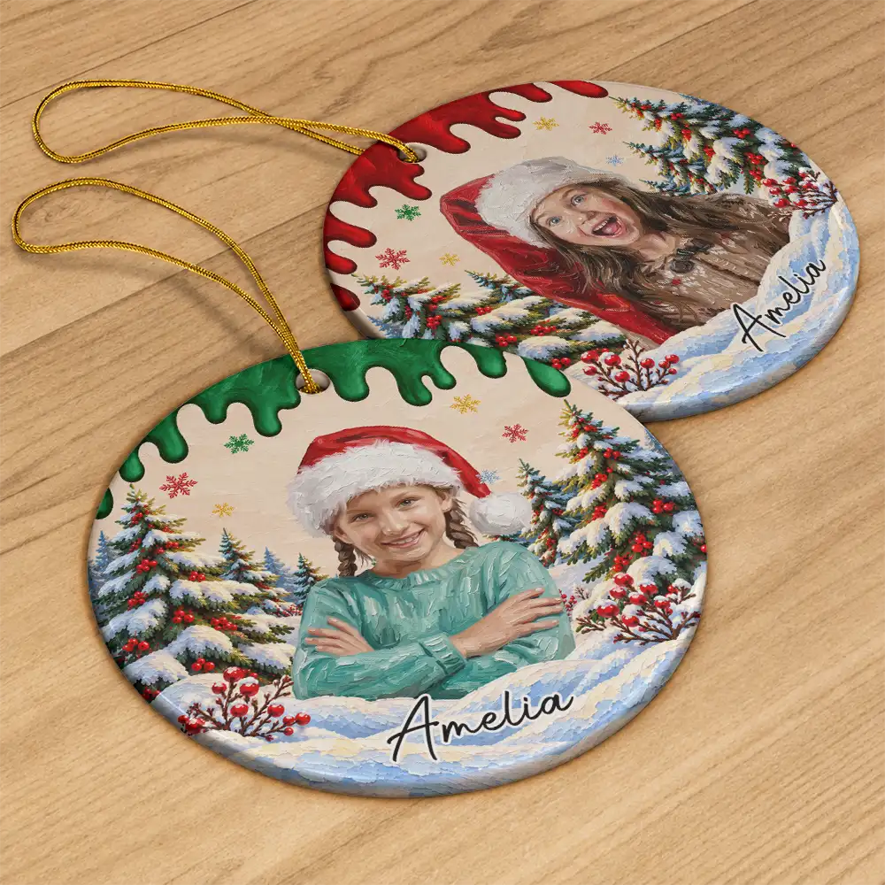 Art Design,Christmas,Custom Photo,Gift For Kids,Photo - Oil Painting,Playful,Top Market - Christmas Gift For Kids Family - Personalized Custom Photo & Name Kid Portrait In Snowy Forest With Paint Drip Circle Ceramic Ornament