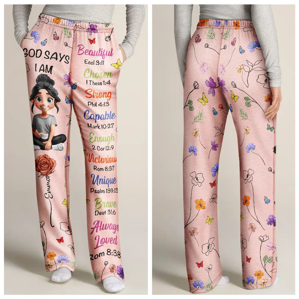 Gift For Women,Gift For Yourself,Gifts For Her,Happy,Top Market,Vector - Gift For Christian Women - Personalized Birth Month Flower God Says I Am Pajama Pants