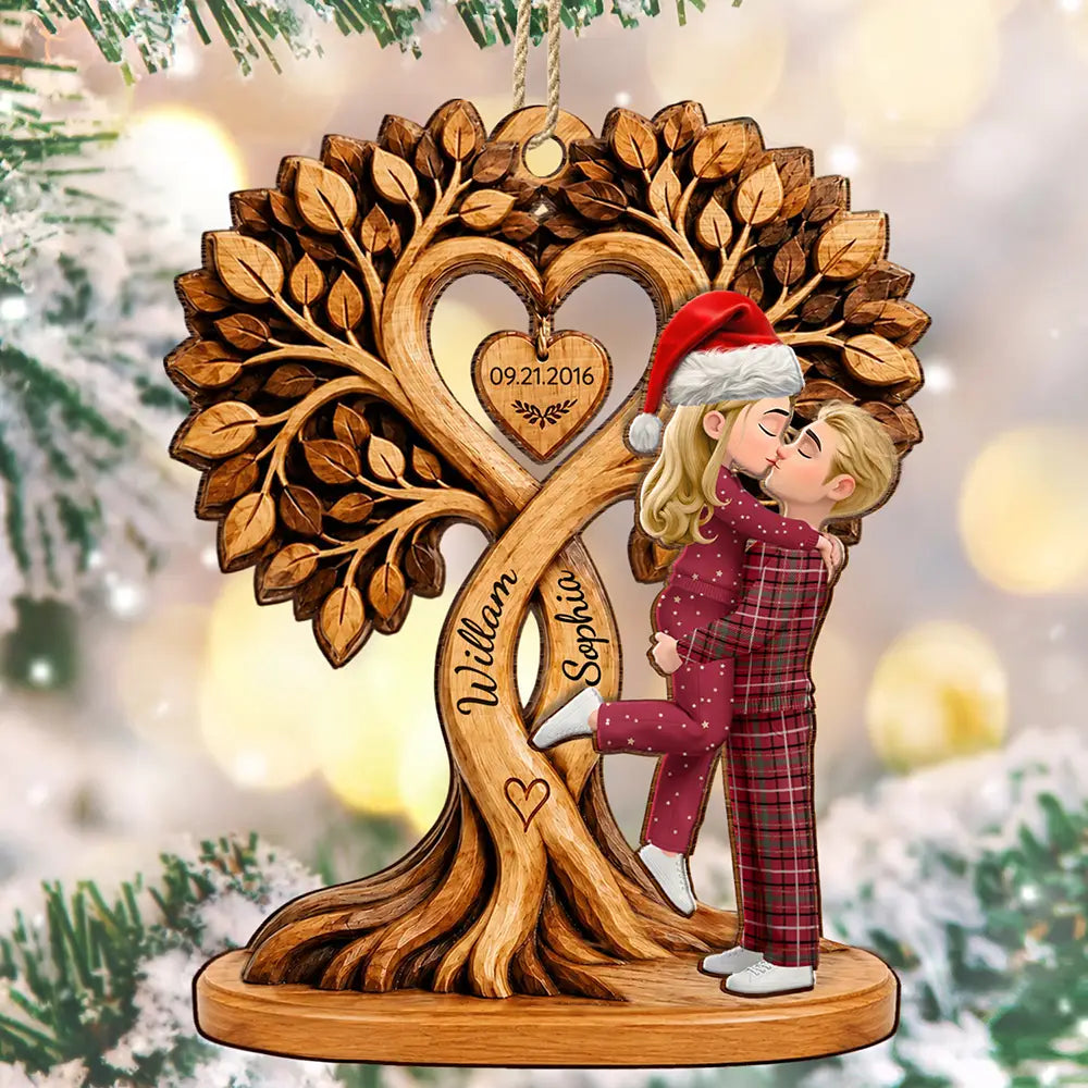 Christmas Gift For Couples - Personalized Heart Tree 2-Layered Wooden Ornament