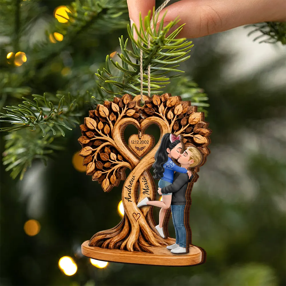 Anniversary,Christmas,Gift For Couples,Old Couples,Romantic,Vector - Christmas Gift For Couples - Personalized Heart Tree 2-Layered Wooden Ornament