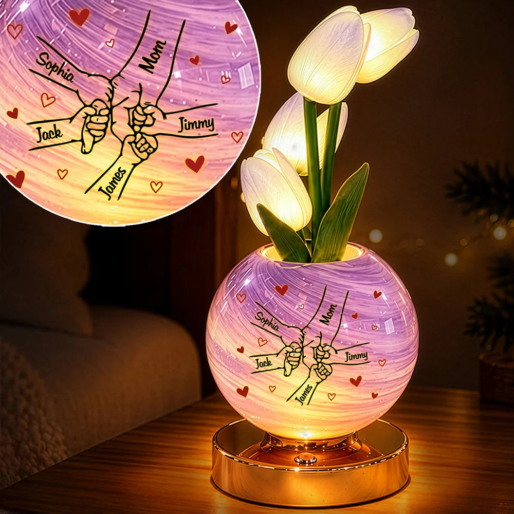 Christmas Home Decor Gift For Mom, Grandma - Personalized 3D Inflated Effect Hand In Hand Tulip LED Night Light