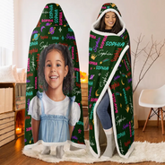 Art Design,Custom Photo,Gift For Kids,Happy,Photo - Cartoon Portrait - Christmas Gift For Kids - Personalized Custom Photo Name Cute Pattern Wearable Hooded Blanket
