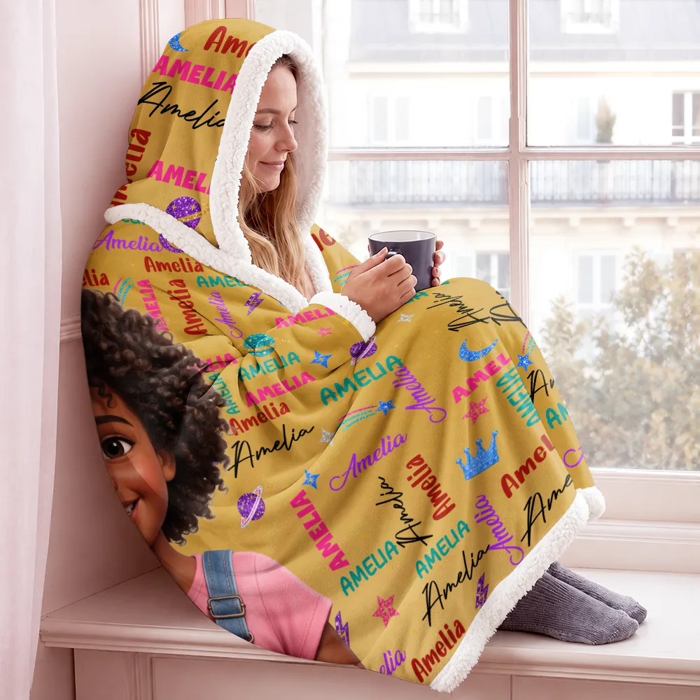 Art Design,Custom Photo,Gift For Kids,Happy,Photo - Cartoon Portrait - Christmas Gift For Kids - Personalized Custom Photo Name Cute Pattern Wearable Hooded Blanket