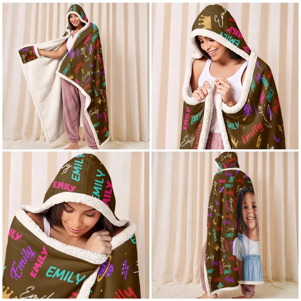 Art Design,Custom Photo,Gift For Kids,Happy,Photo - Cartoon Portrait - Christmas Gift For Kids - Personalized Custom Photo Name Cute Pattern Wearable Hooded Blanket