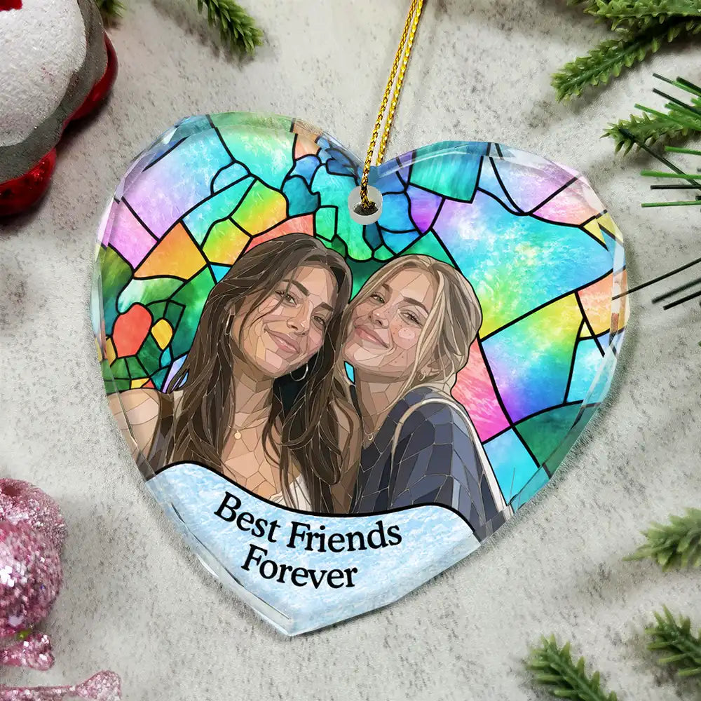 Afro Besties, Art Design, Christmas, Custom Photo, Gift For Bestie, Photo - Stained Glass, Sentimental - Christmas Gift For Besties - Personalized Custom Photo Stained Glass Effect Glass Ornament