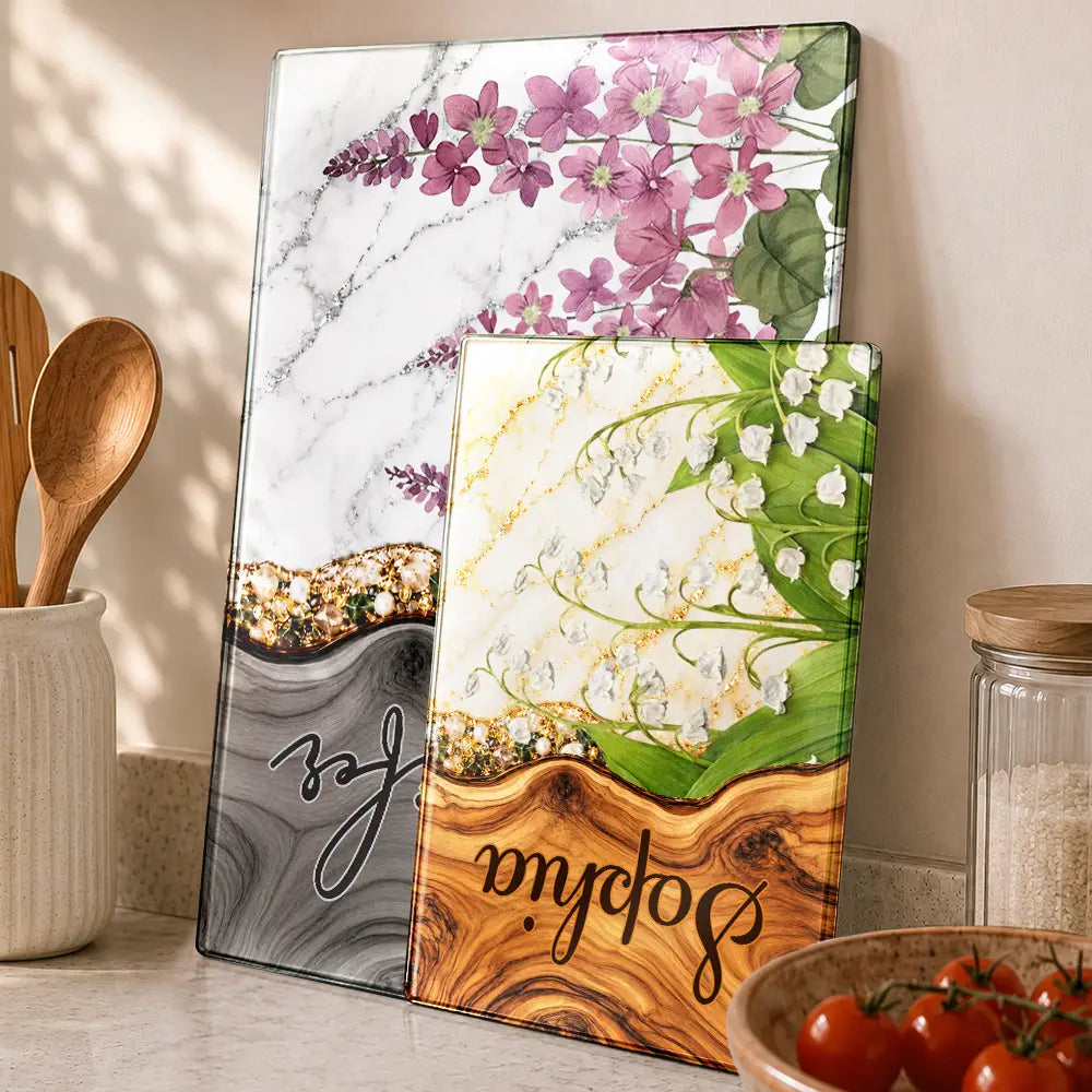 Cooking, Gift For Women, Gift For Yourself, Gifts For Her, Happy, Icon, Top Market - Gift For Her Sister Daughter Wife Friend - Personalized Faux Wooden Resin Birth Flower Cutting Board
