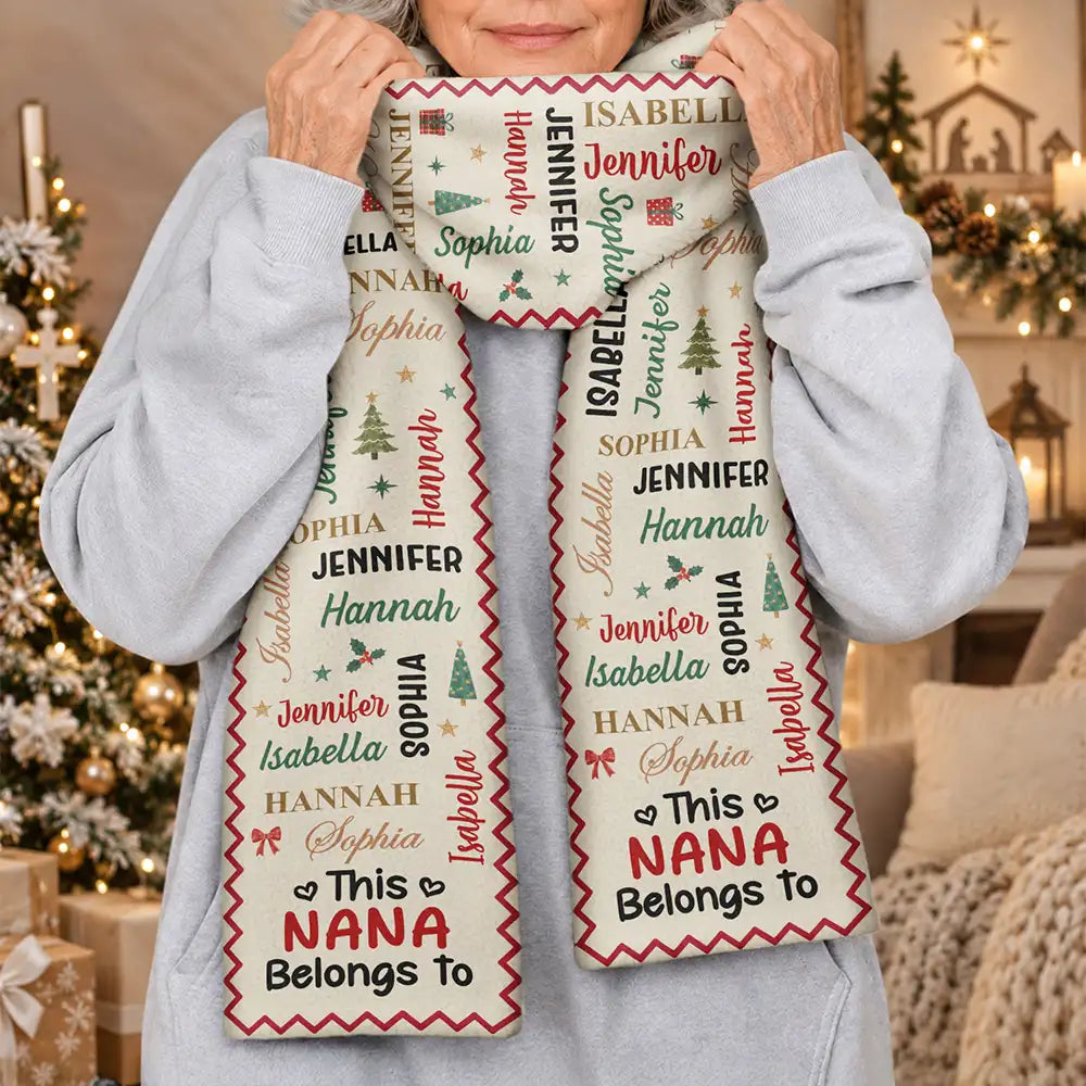 Christmas,Custom Text,Gift For Grandma,Gifts For Her,Happy - Christmas Gift For Grandma Nana - Personalized Kids Names Fleece Scarf