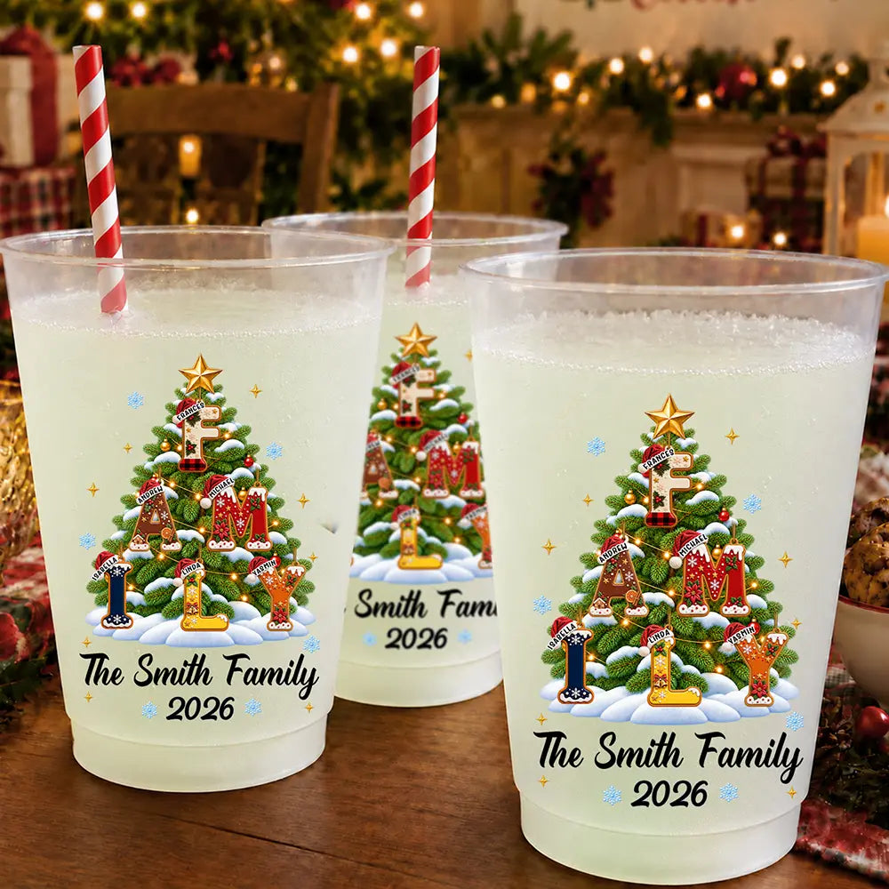 Christmas,Family,Happy,Icon - Christmas Gift For Family Gathering - Personalized Family Name And Year Merry Christmas Letter Tree Frosted Cups